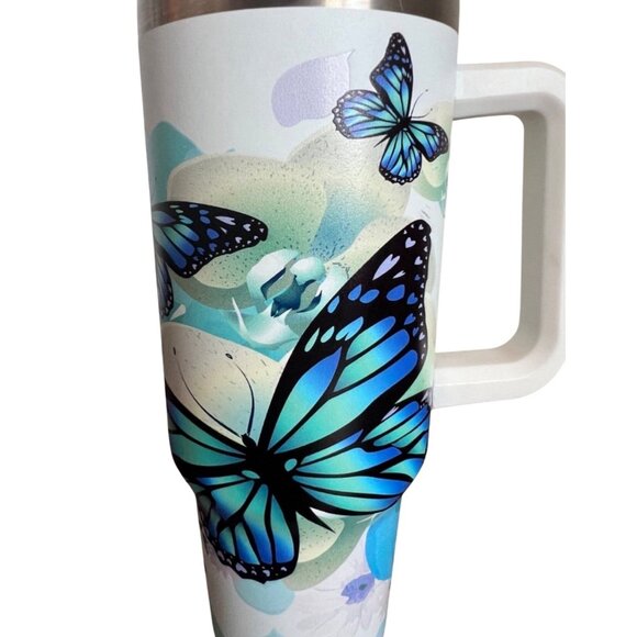 Custom Butterfly Floral Stainless Steel Tumbler With Handle & Lid - Insulated - Picture 5 of 10
